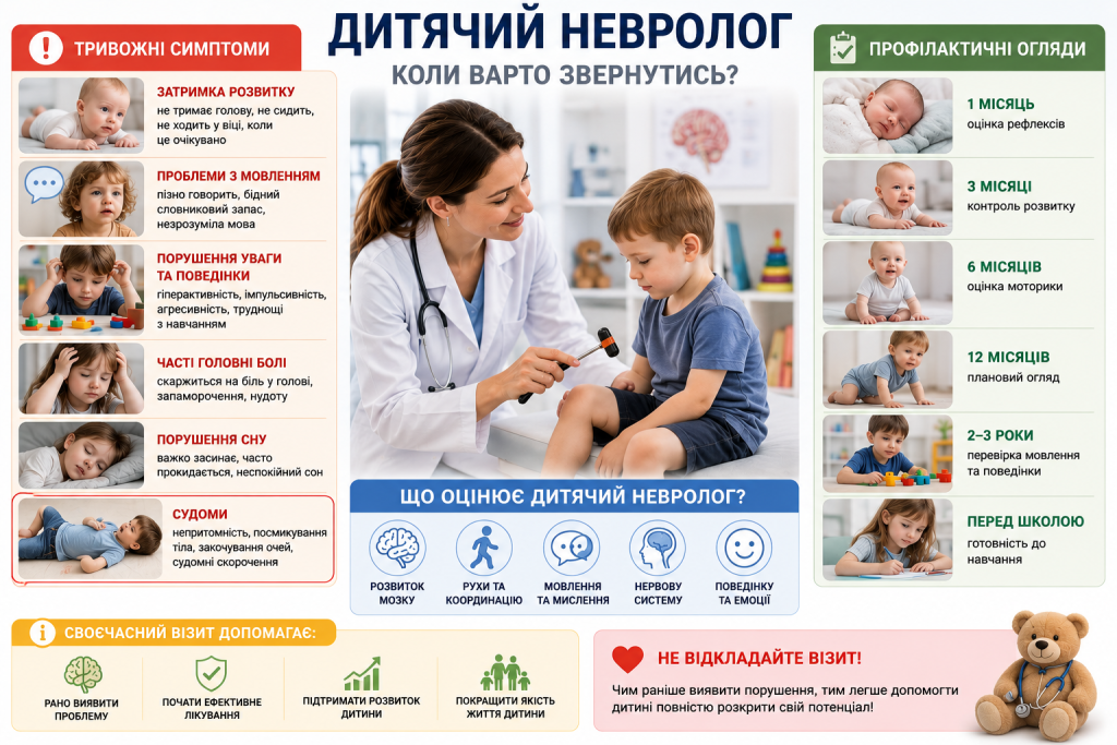 Інфографіка про тривожні симптоми та профілактичні огляди у дитячого невролога