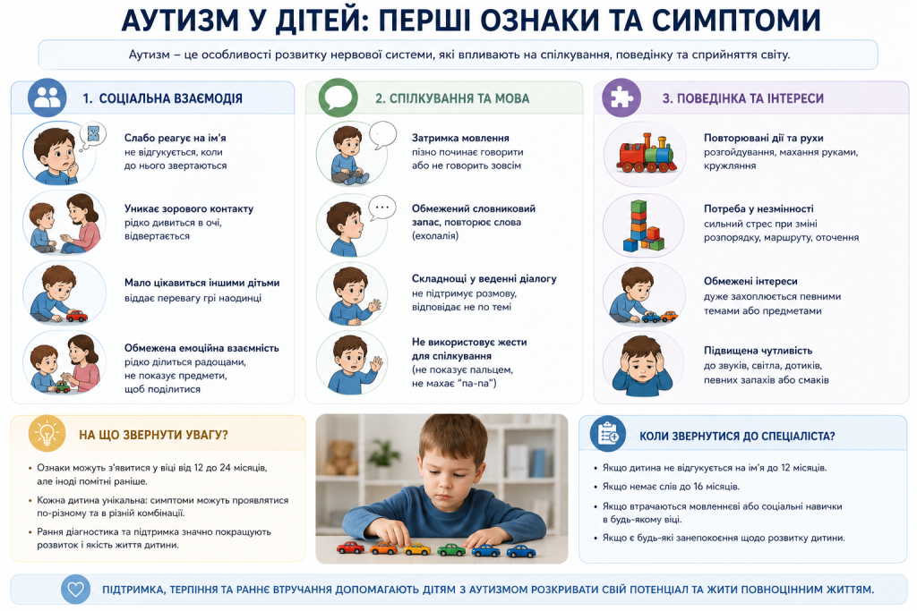 Інфографіка про ознаки аутизму — соціальна взаємодія, мовлення та поведінка дитини
