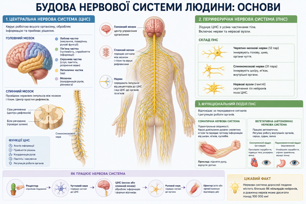 Інфографіка про центральну та периферичну нервову систему, її будову і функції