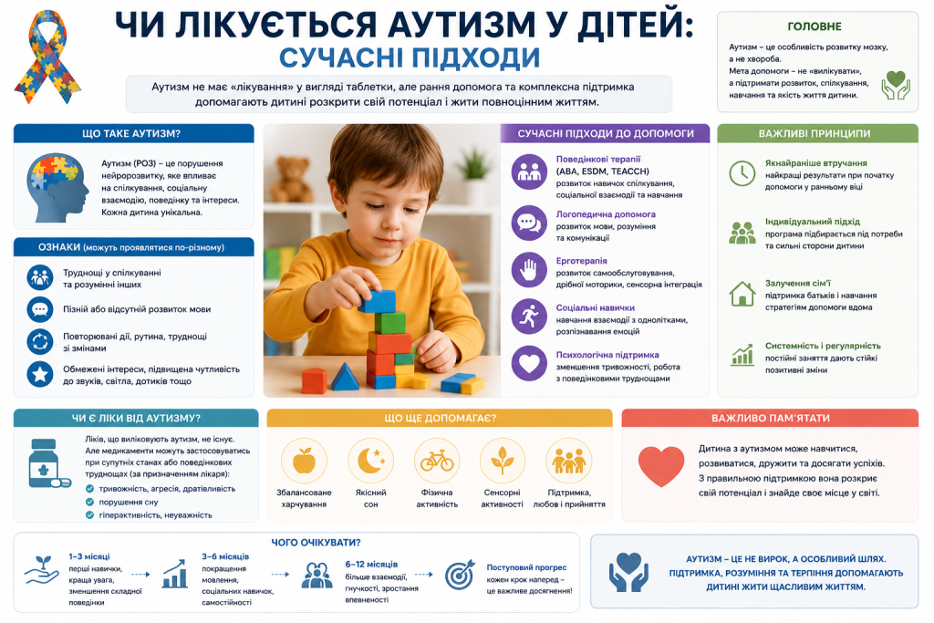 Інфографіка про ознаки аутизму та сучасні методи допомоги дітям