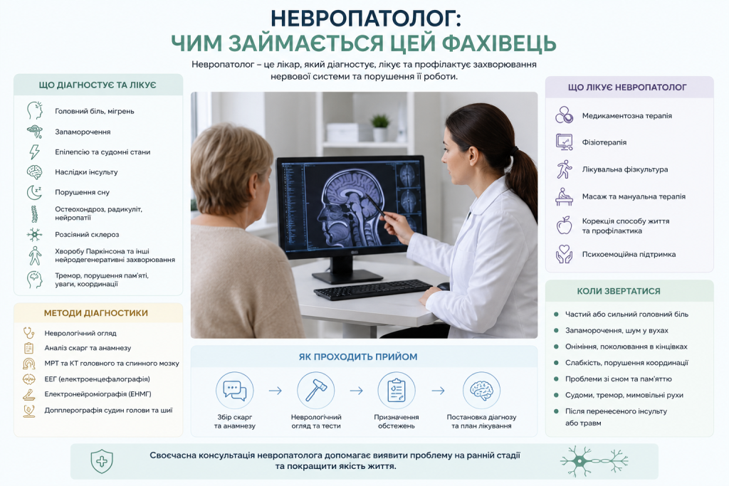 Інфографіка про роботу невропатолога — що діагностує, методи обстеження та коли звертатися