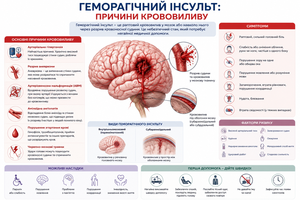 Інфографіка про причини, симптоми та першу допомогу при геморагічному інсульті