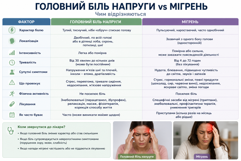 Таблиця відмінностей головного болю напруги та мігрені за симптомами і лікуванням