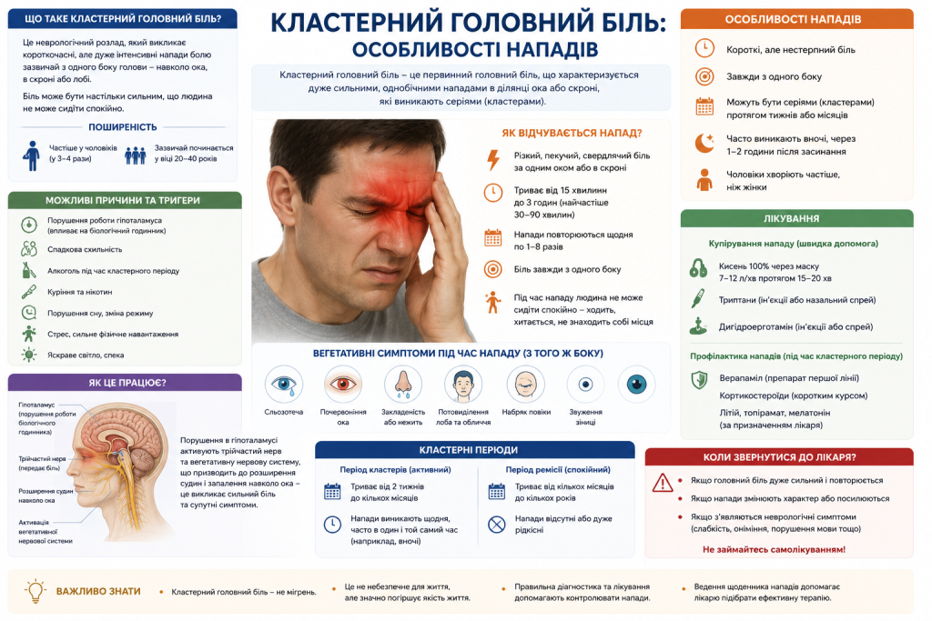 Інфографіка про симптоми, причини та лікування кластерного головного болю