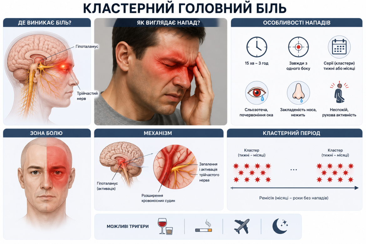 Схема виникнення кластерного головного болю та зона локалізації болю на обличчі