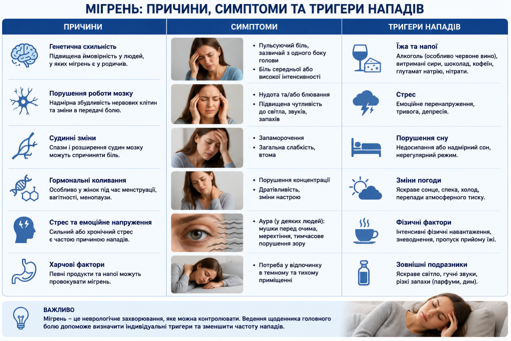 Інфографіка про причини виникнення мігрені, її симптоми та провокуючі фактори