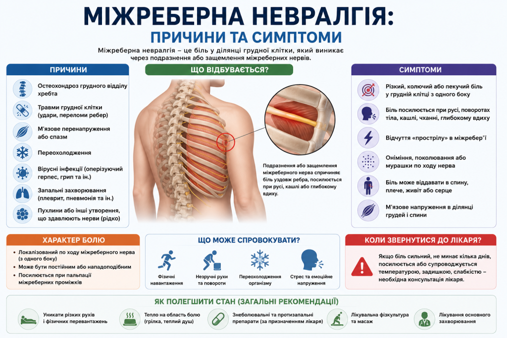 Інфографіка про причини, симптоми та лікування міжреберної невралгії