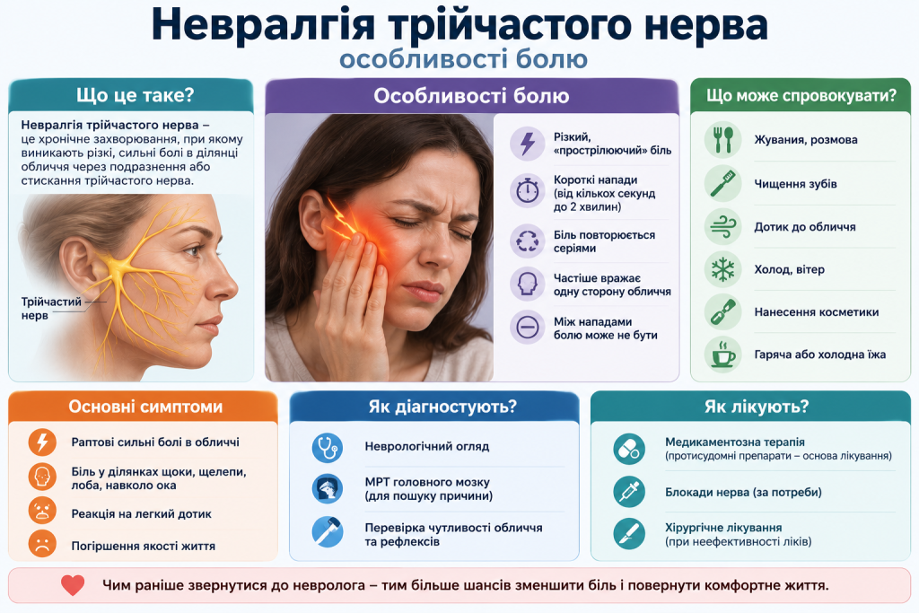Інфографіка про симптоми, діагностику та лікування невралгії трійчастого нерва