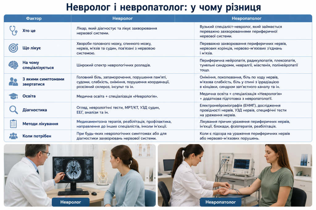 Таблиця порівняння спеціалізації, діагностики та лікування невролога й невропатолога