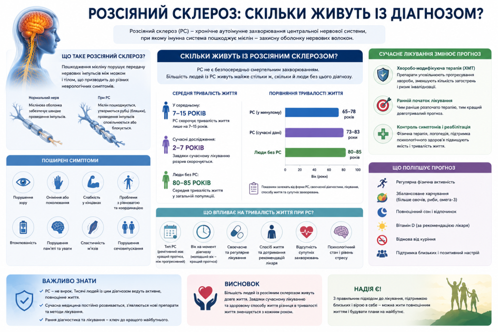 Інфографіка про тривалість життя, симптоми та прогноз при розсіяному склерозі