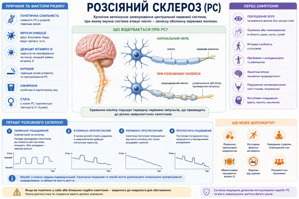 Інфографіка про причини, перші симптоми та перебіг розсіяного склерозу