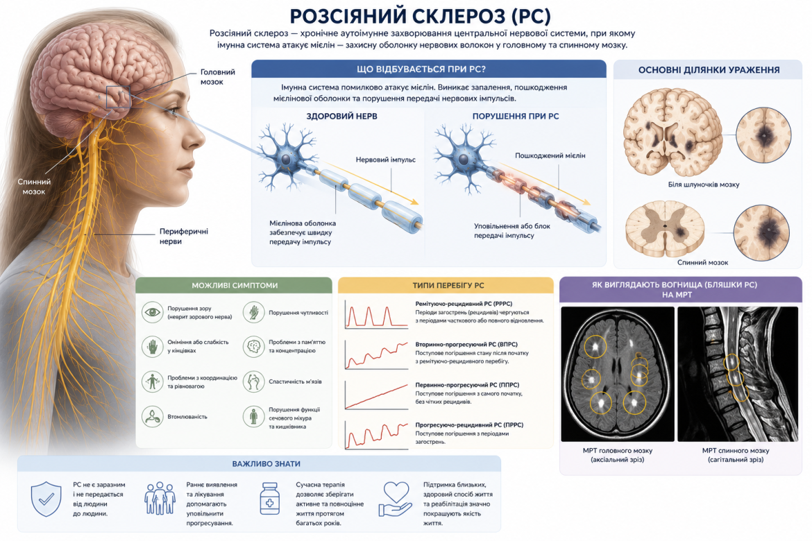 Схема ураження мієліну при розсіяному склерозі та знімки МРТ головного і спинного мозку