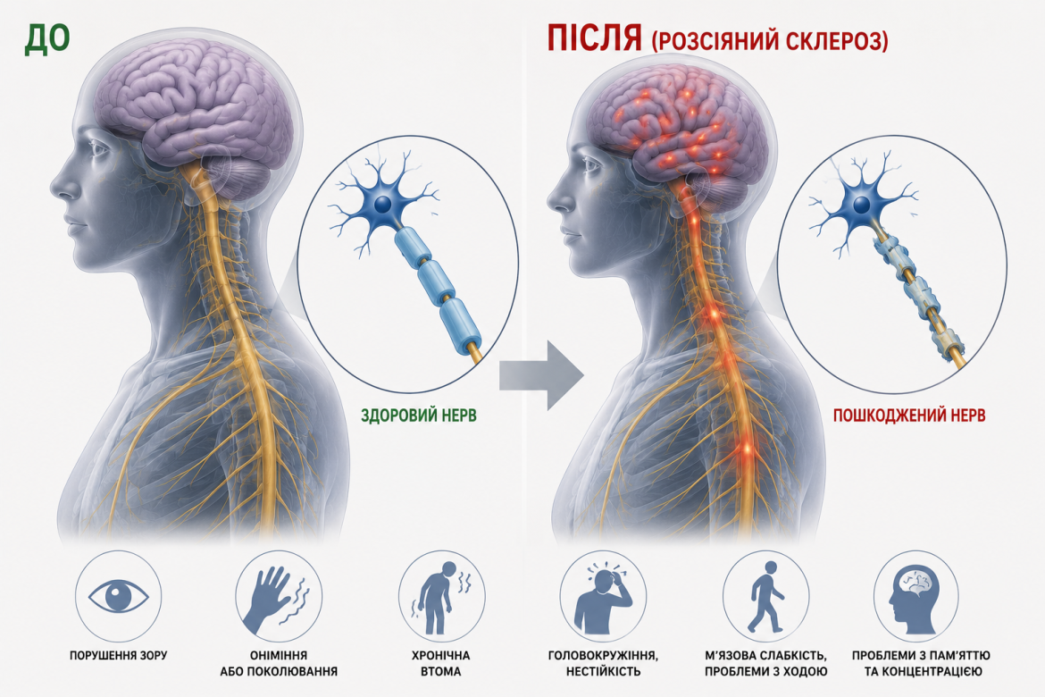 Порівняння здорової нервової системи та ураженої розсіяним склерозом