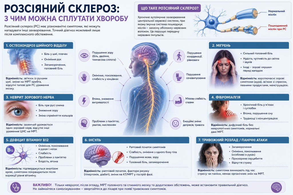 Інфографіка про захворювання, схожі на розсіяний склероз за симптомами