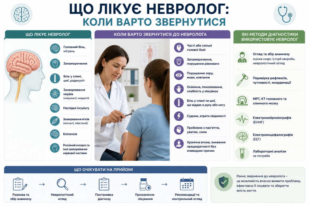 Інфографіка про хвороби, які лікує невролог, та методи діагностики