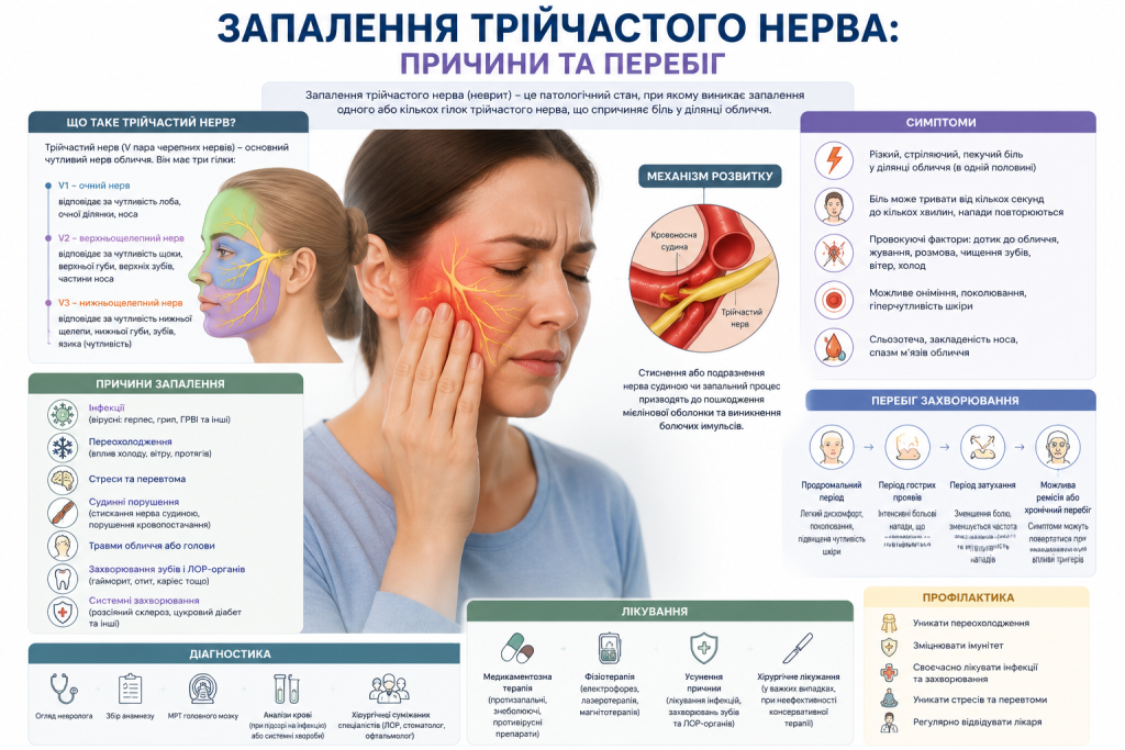 Інфографіка про запалення трійчастого нерва — симптоми, причини та лікування