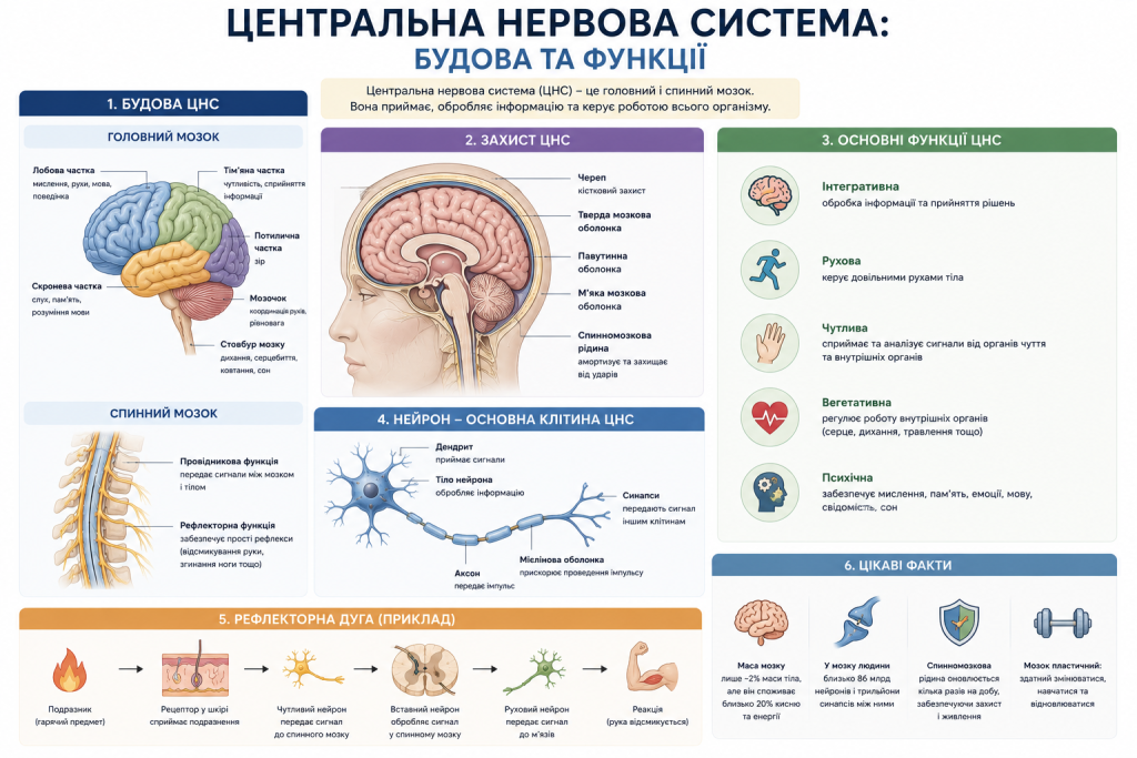 Інфографіка про будову, захист та функції центральної нервової системи