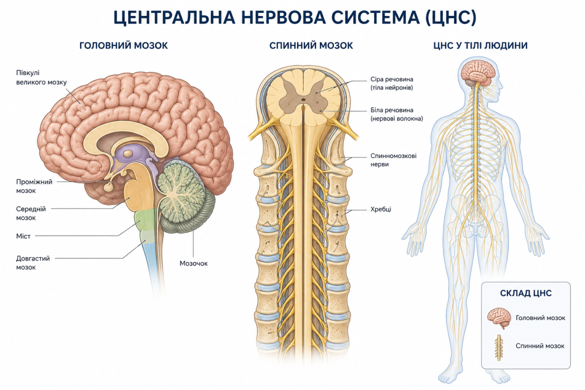 Анатомічна схема головного і спинного мозку та ЦНС у тілі людини