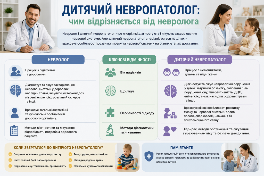 Інфографіка про відмінності між неврологом і дитячим невропатологом, особливості діагностики, лікування та причини звернення до лікаря.