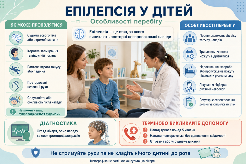 Інфографіка про епілепсію у дітей, можливі прояви нападів, особливості перебігу, діагностику та випадки, коли потрібна термінова медична допомога.