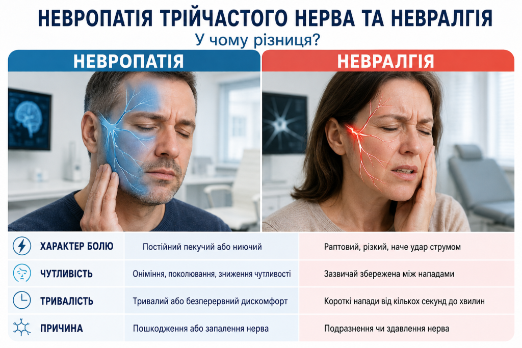 Порівняльна інфографіка про невропатію трійчастого нерва та невралгію, характер болю, чутливість, тривалість і причини