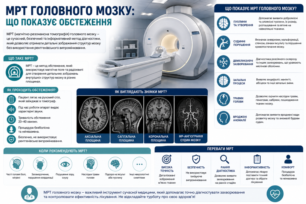 Медична інфографіка про МРТ головного мозку, показання до обстеження, типи знімків та можливості діагностики