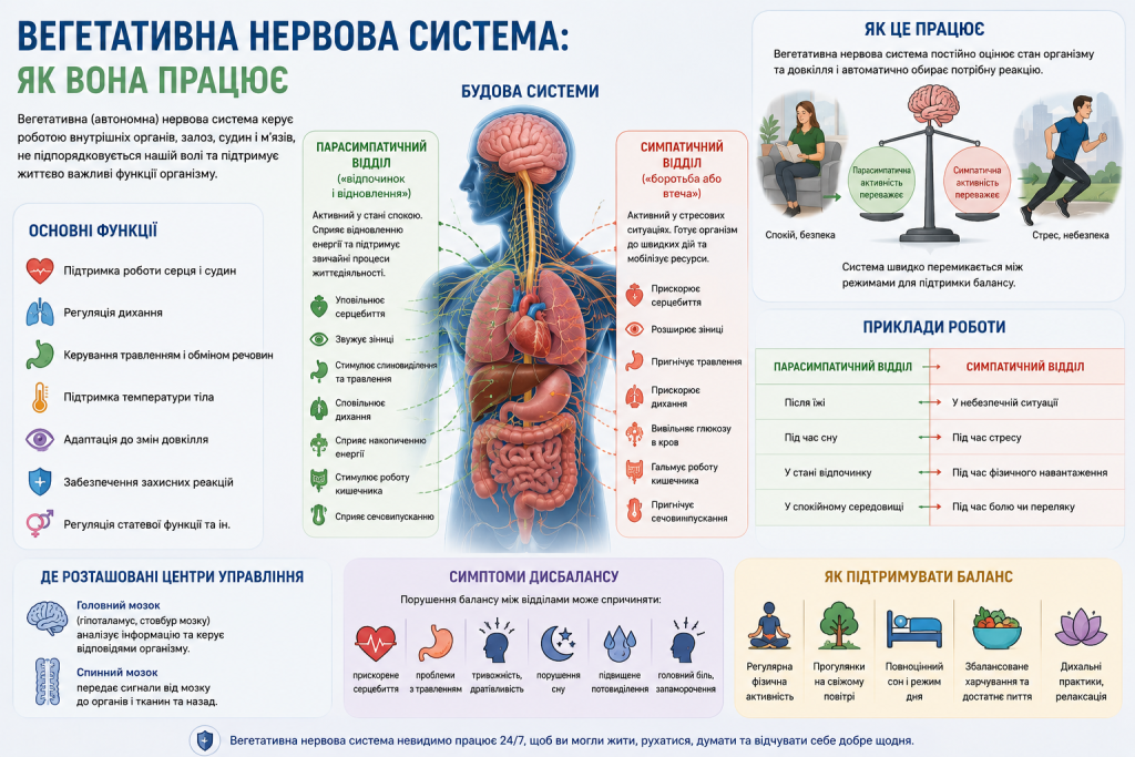 Інфографіка про роботу вегетативної нервової системи, симпатичний і парасимпатичний відділи, їхні функції та вплив на організм.