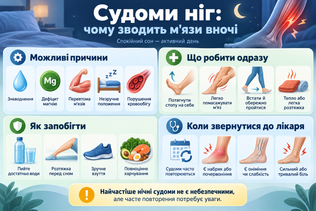 Інфографіка про причини нічних судом ніг, способи швидкого полегшення, профілактику та ознаки для звернення до лікаря.