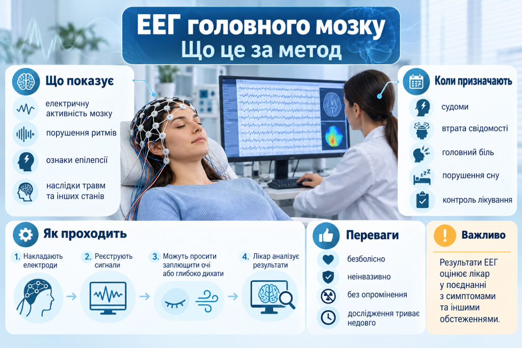 Медична інфографіка про електроенцефалографію головного мозку: показання до ЕЕГ, етапи проведення, переваги методу та аналіз результатів.