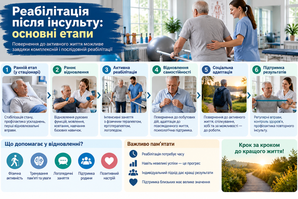 Інфографіка про етапи реабілітації після інсульту, фізичне відновлення, повернення самостійності та соціальну адаптацію