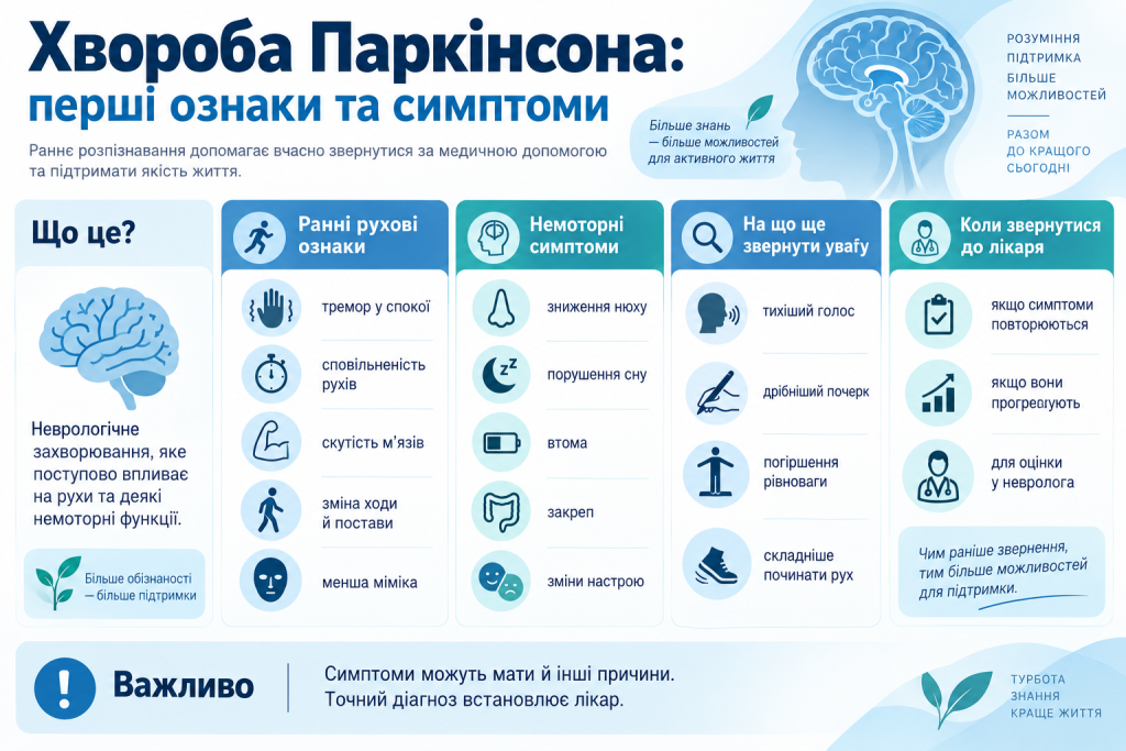 Інфографіка про хворобу Паркінсона, ранні рухові й немоторні симптоми, зміни ходи, тремор та ознаки, за яких варто звернутися до лікаря.