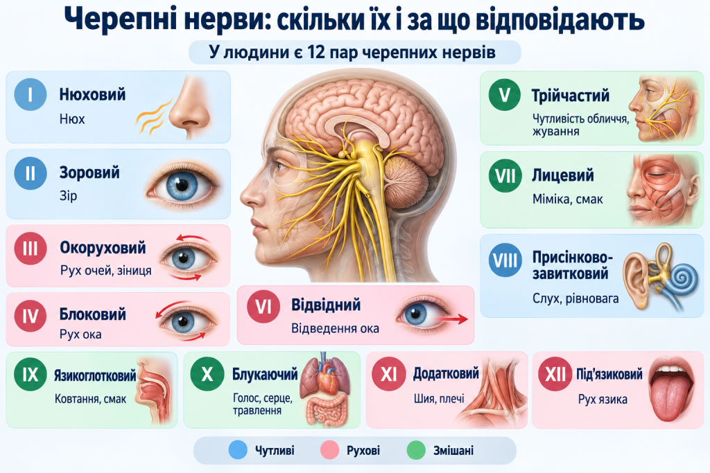 Медична інфографіка про 12 пар черепних нервів людини та їхні основні функції — зір, слух, нюх, рухи очей, міміка, ковтання і рух язика.