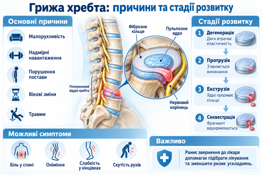 Медична інфографіка про причини міжхребцевої грижі, анатомічну будову хребта, стадії розвитку захворювання та можливі симптоми.