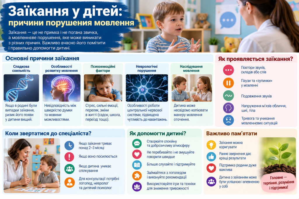 Інфографіка про причини заїкання у дітей, основні прояви мовленнєвого порушення та способи допомоги дитині
