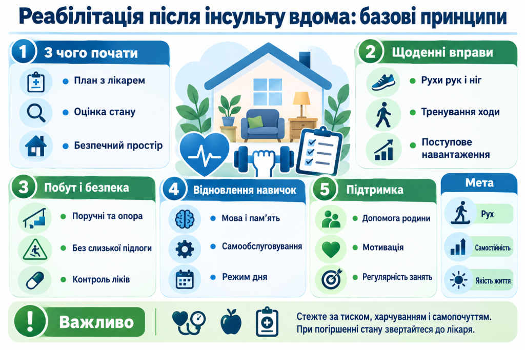 Інфографіка про домашню реабілітацію після інсульту, щоденні вправи, відновлення рухових навичок, організацію безпечного простору та підтримку родини.