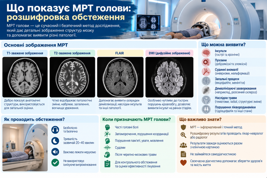 Інфографіка про МРТ голови, основні типи зображень, показання до обстеження та патології, які можна виявити